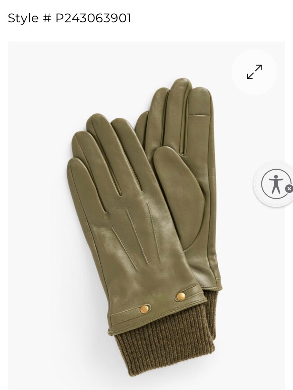 Talbots Olive Leather Gloves with Rib Knit Cuff